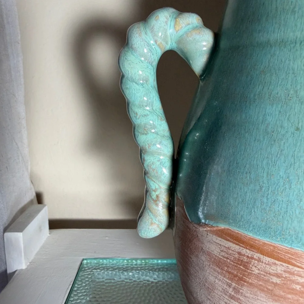 Terracotta Lion Head Vase Turquoise Drip Glaze Twisted Handle Amphora 11.25